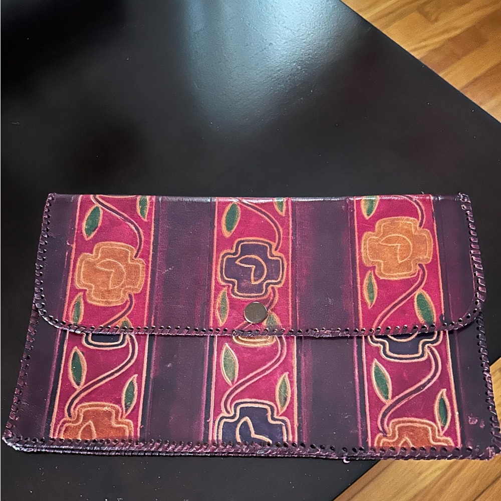 Vintage Leather Hand Painted Button Clutch